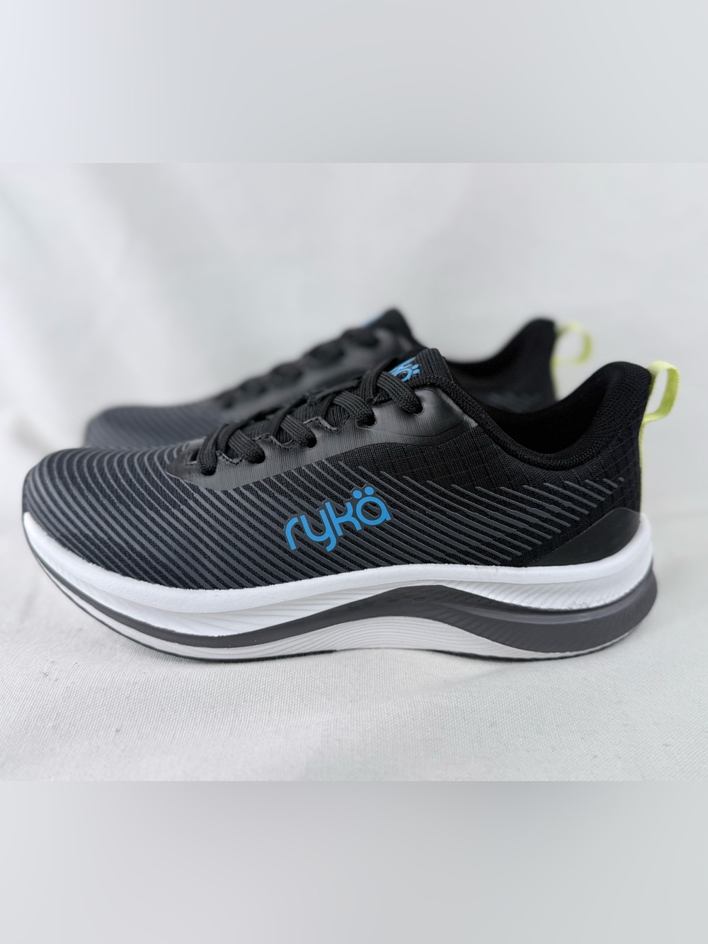 Ryka Genuine Walking Black Athletic Shoes with Blue Logo and Yellow Pull Tab